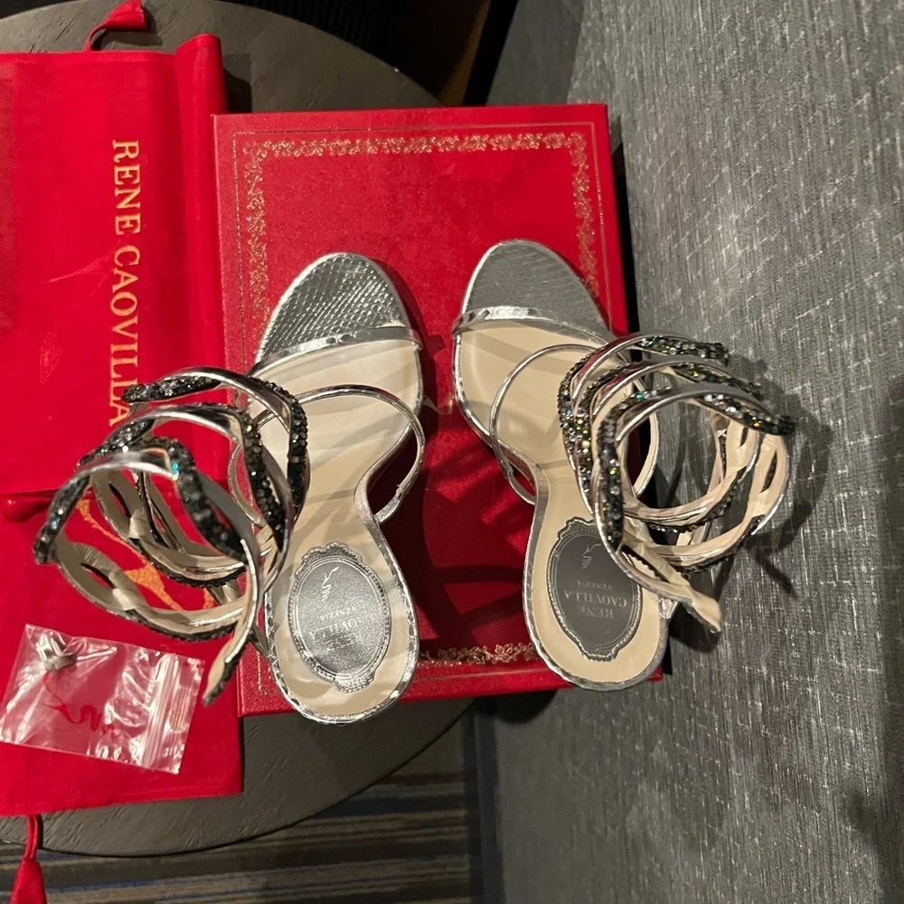 NIB Rene Caovilla Botticelli Montana Crystal Ankle Wrap Sandals Heels Silver 8